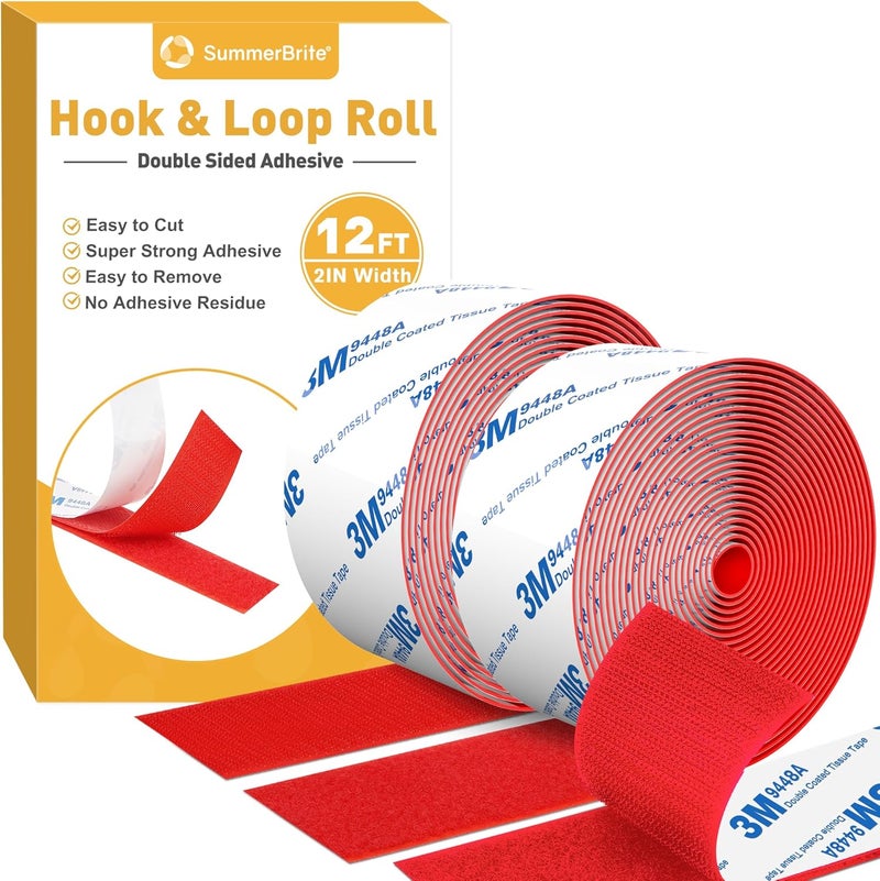Summerbrite 12Ft x 2 Inch Hook and Loop Tape, Heavy Duty Double-Sided Adhesive Strips, Strong Sticky Back Fastener Roll, Cuttable Interlocking Tape Fasteners for Home, Office, Car, School & DIY Crafts Red - Image 1
